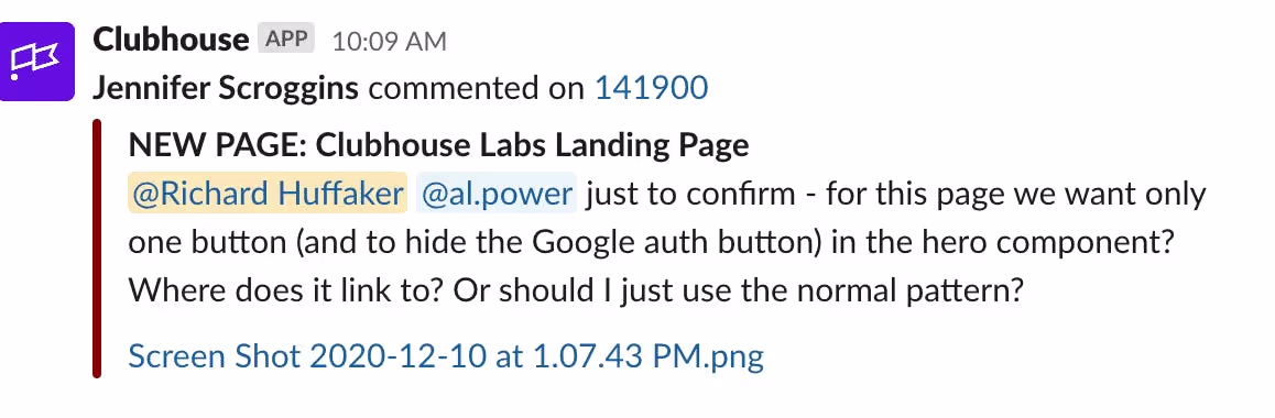 A Shortcut notification show in Slack